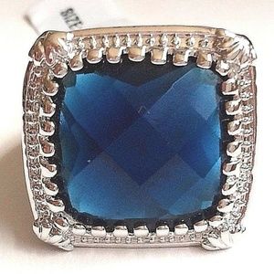 Silver Art Deco Sapphire Statement Ring Size 10 Blue Cubic Zirconia Rhodium